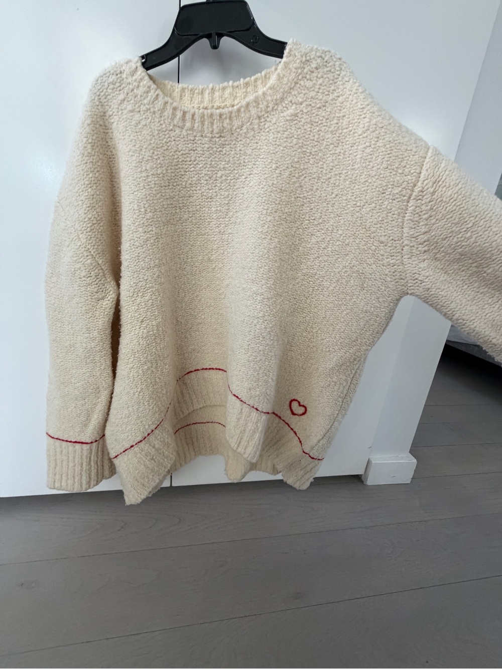 Sundry Cream Crewneck Sweater with Red Stitch Detail